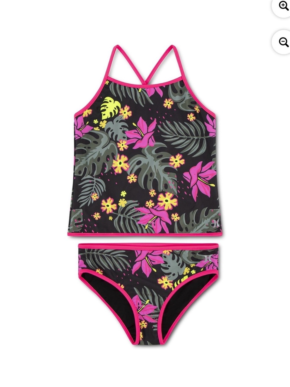 Hurley Girls Black Tropical Floral Tankini with Neon Pink Trim - Picture 5 of 8
